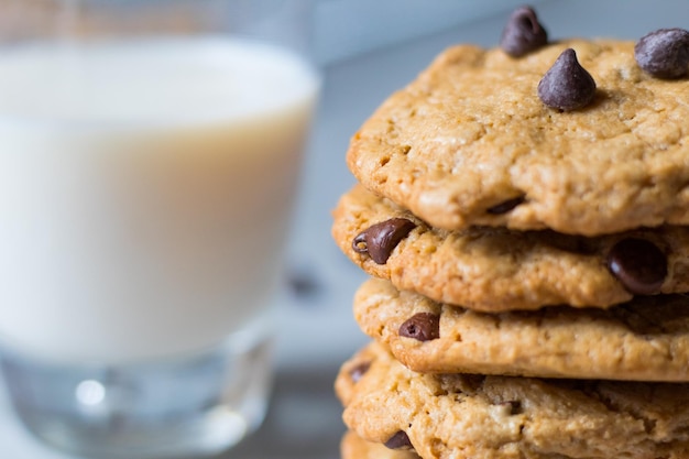 chocolate chip cookies and glass of milk closeup