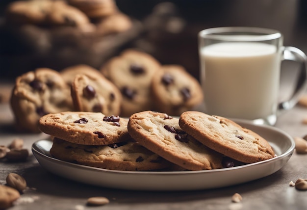 Chocolate chip cookies and a glass of milk on a wooden table