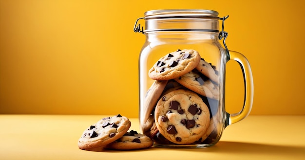 Chocolate chip cookies in jar on yellow background copy space background