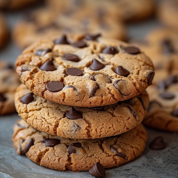 Chocolate chip cookies on plate on grey wooden background