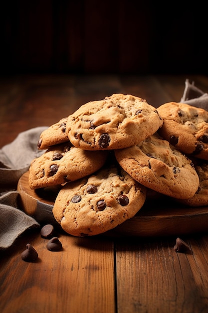 Chocolate chip cookies on a plate with a cloth on a wooden table generative ai