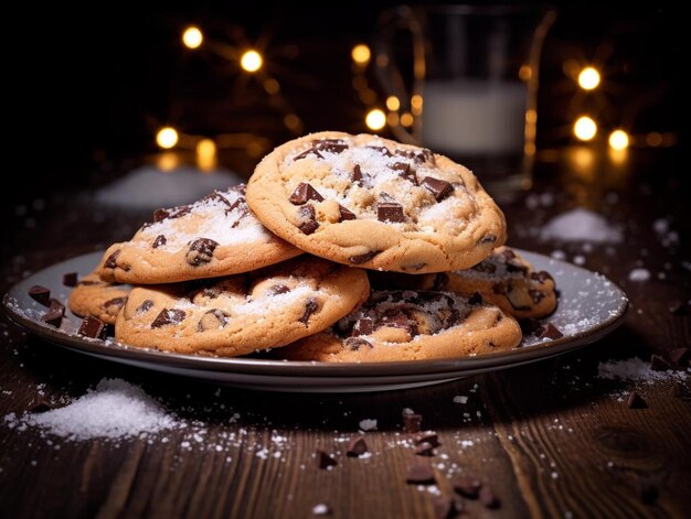 chocolate chip cookies on a plate with a glass of milk in the background.