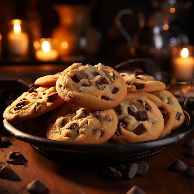 Chocolate chip cookies on a plate on a wooden background Selective focus