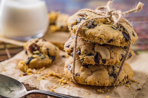 Chocolate chip cookies on rustic background, Homemade Chocolate Chip Cookie Dough.