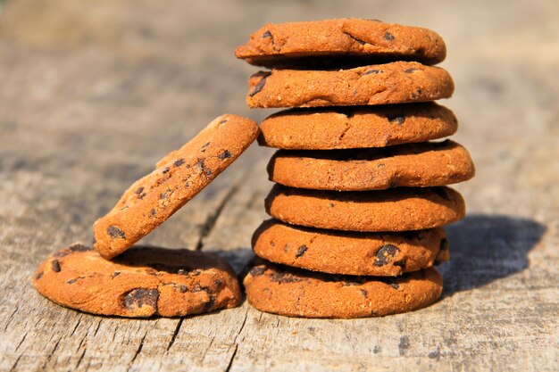 Chocolate chip cookies on rustic wooden table