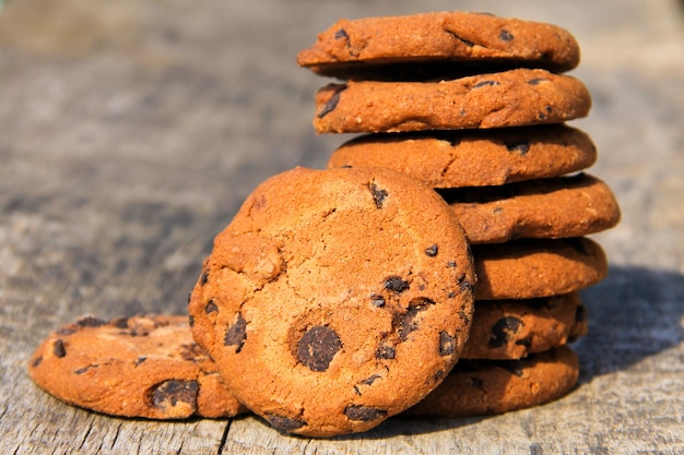 Chocolate chip cookies on rustic wooden table