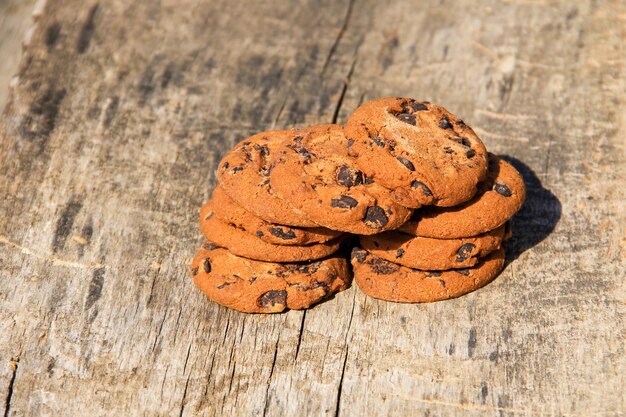 Chocolate chip cookies on rustic wooden table