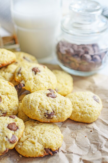 Chocolate chip cookies served with milk  