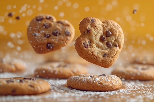 Chocolate Chip Cookies Soaring on a Yellow Canvas