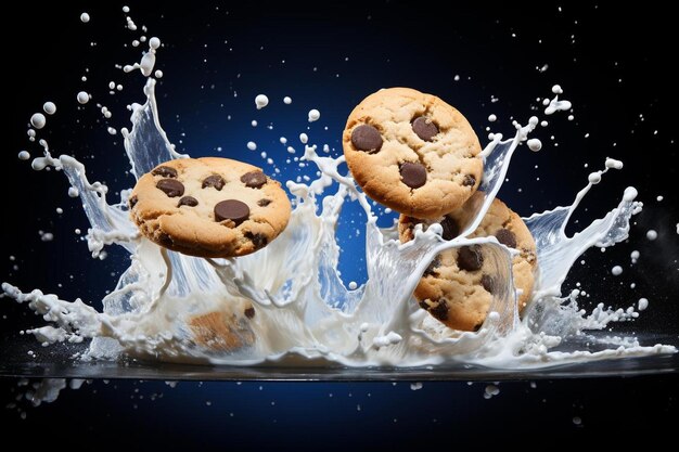 chocolate chip cookies splashing into a splash of water.