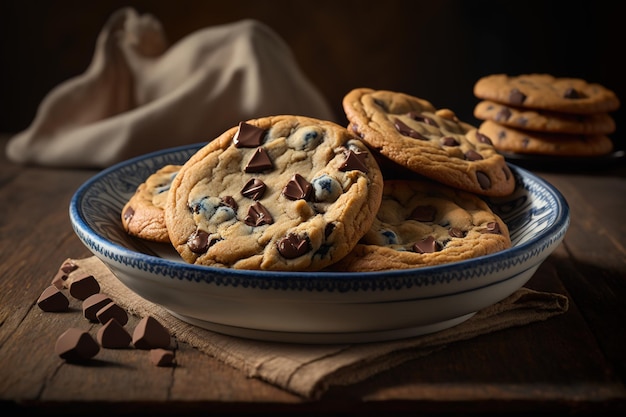 Chocolate chip cookies in a stack with crumbs on dark background