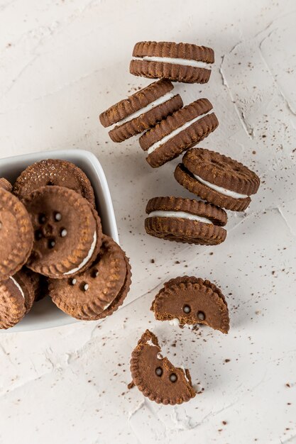 Chocolate chip cookies stacked with milk