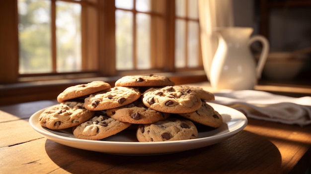 chocolate chip cookies on white plate on wooden table close up and selective focus
