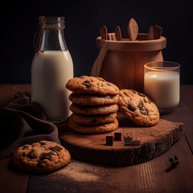 chocolate chip cookies with glass of milk