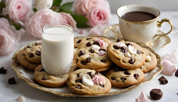 chocolate chip cookies with milk and chocolate chips on a tray