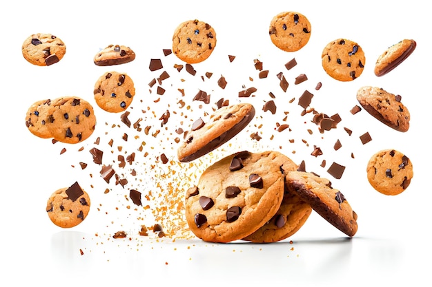 Chocolate chip cookies with splashes isolated on white background Generative AI