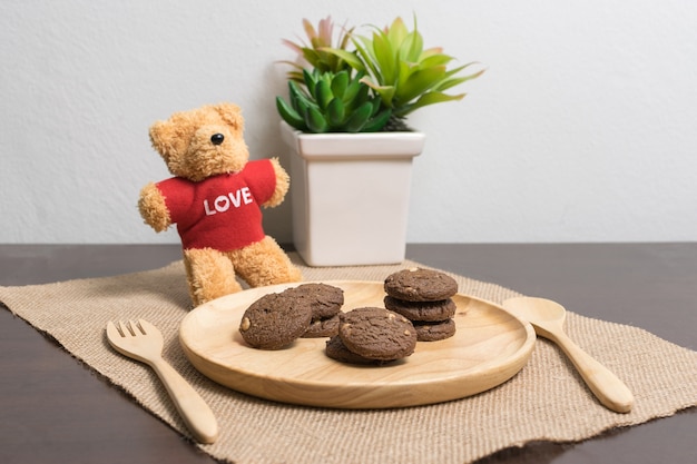 chocolate chip cookies on wood background