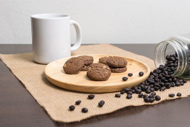 chocolate chip cookies on wood background