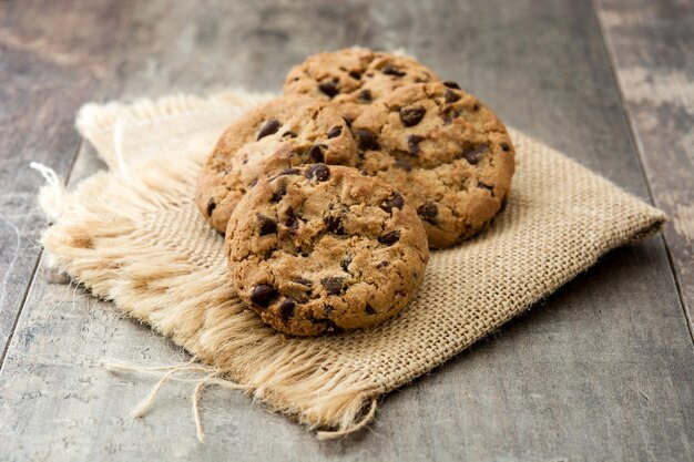 Chocolate chip cookies on wooden table