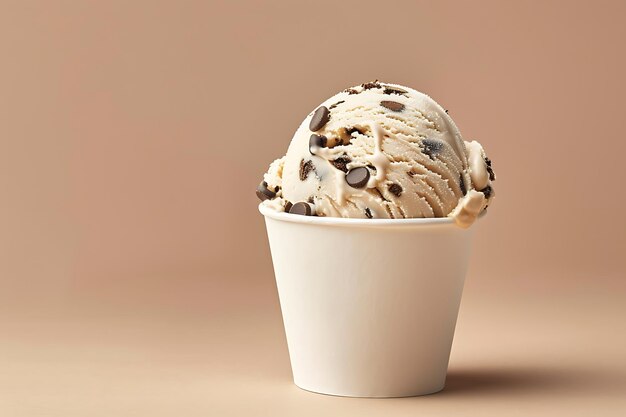 Photo chocolate chip flavor ice cream scoop on white blank blank empty paper cup