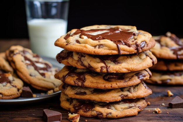 Chocolate chip and hazelnut cookies stacked