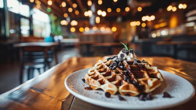 Chocolate Chip Waffles against a modern cafe setting