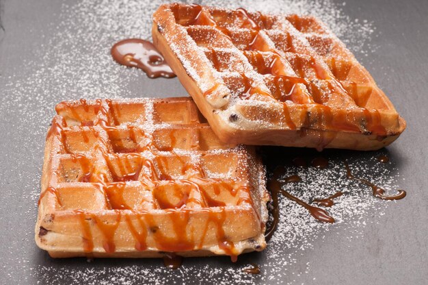 chocolate chip waffles with caramel