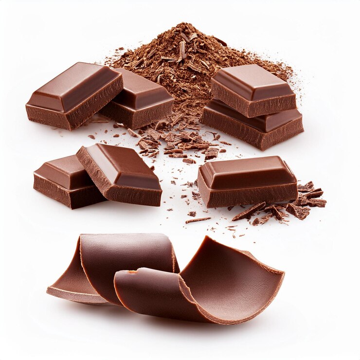 Foto chocolate chips bruine repen en chocolade schaafstukken geïsoleerd op witte achtergrond