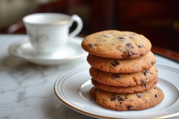 chocolate chips cookies on a plate with a cup on background