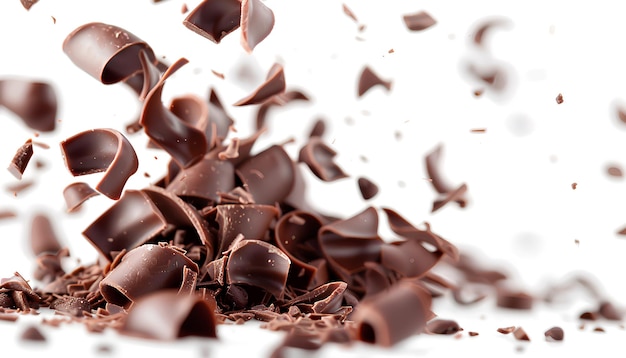 Photo chocolate chips flying on white background