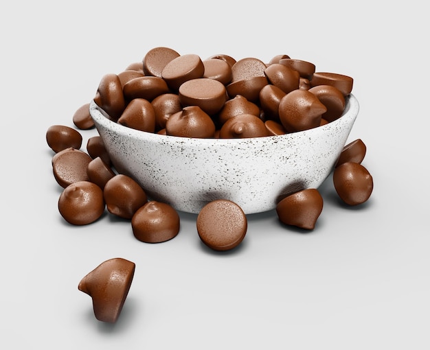 Photo chocolate chips in a white porcelain bowl 3d illustration