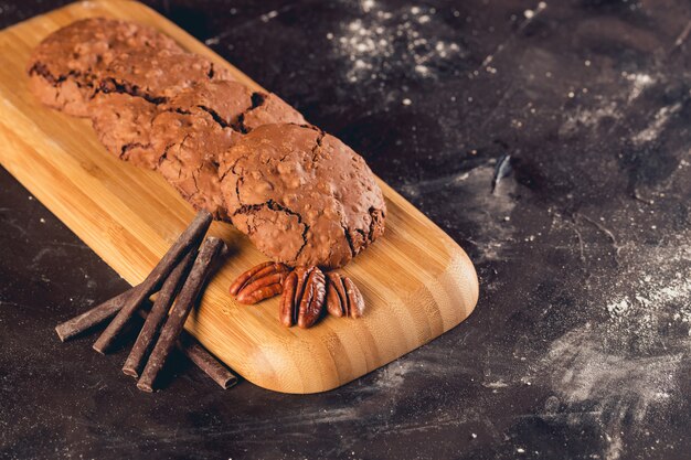 Chocolate chips on a wooden board