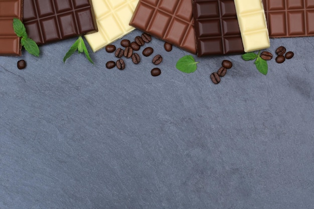 Chocolate chocolates bar food slate copyspace top view