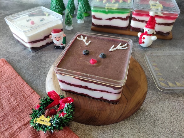 Chocolate christmas homemade dessert in box on vintage table background