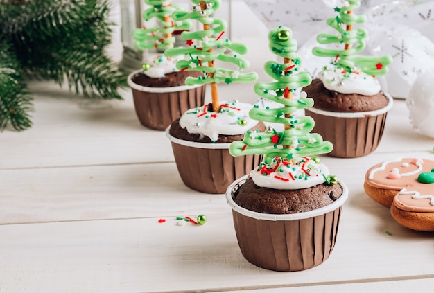 Chocolate Christmas tree cupcake with colored sugar topping