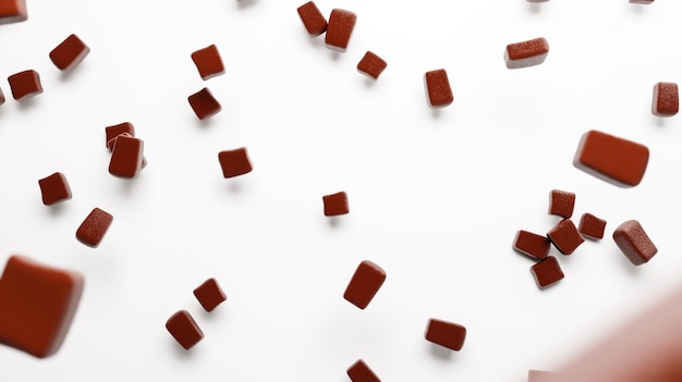 Chocolate chunks falling on isolated white floor 3d illustration 3d rendering