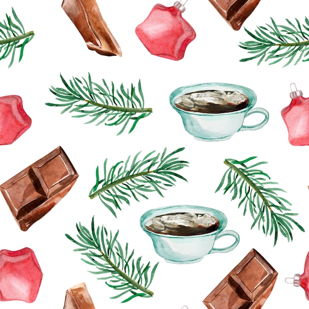 Chocolate cocoa christmas watercolor seamless pattern