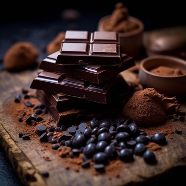 Chocolate cocoa powder and beans on dark background Selective focus