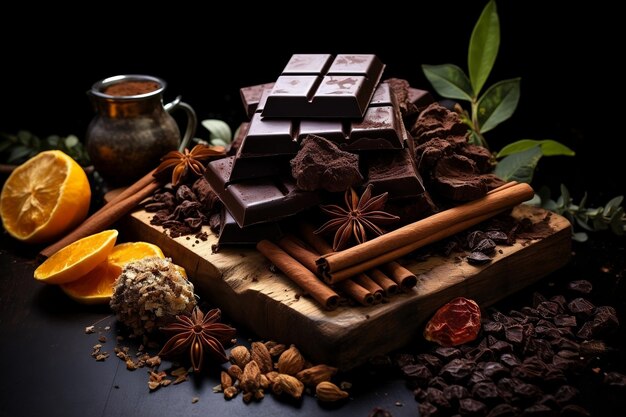 Chocolate Cocoa and a Variety of Spices Arranged on a Black Table Generative AI