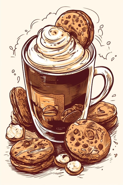 Foto illustrazione vettoriale disegnata a mano di caffè al cioccolato e biscotti