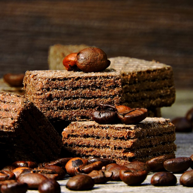 Chocolate coffee wafers and coffee beans. Small Square Wafers.