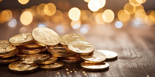 шоколадные монеты, завернутые в золотую фольгу на деревянном столе на фоне светящейся гирлянды копировать пространство высокого качества
