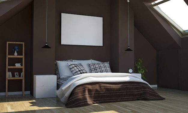 Chocolate color bedroom with horizontal poster mockup