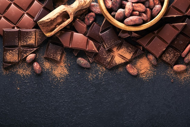 Chocolate composition of cocoa powder grated and bean cocoa\
bars and pieces of different milk and dark chocolate on black\
background baking chocolate texture top view with copy space mock\
up