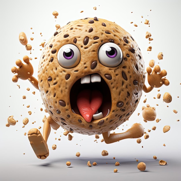 an chocolate cookie running with his eyes open on a white background in the style of quirky