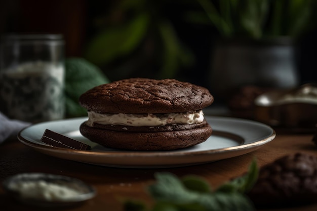 A chocolate cookie with white cream on it