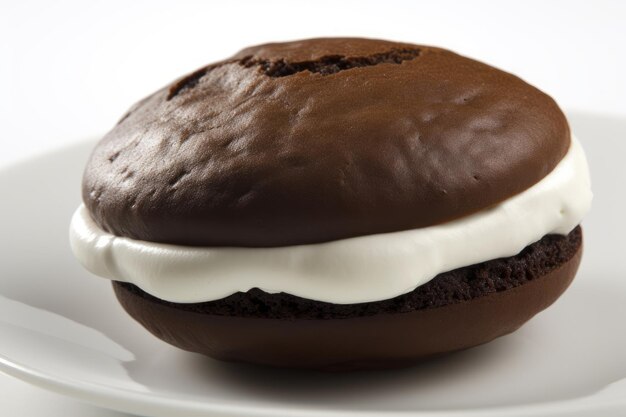 A chocolate cookie with white frosting and a white cream cheese filling.