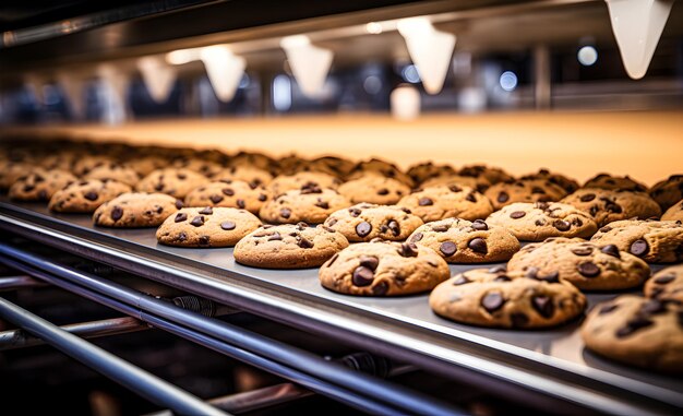 子工場のコンベヤーベルトのチョコレートクッキー