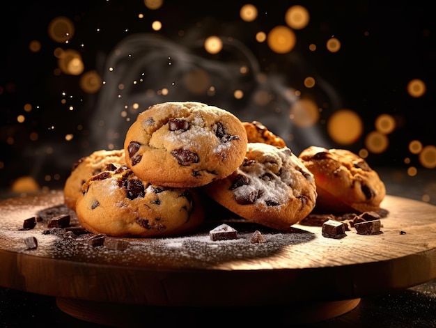 Chocolate cookies on on rustic wooden table