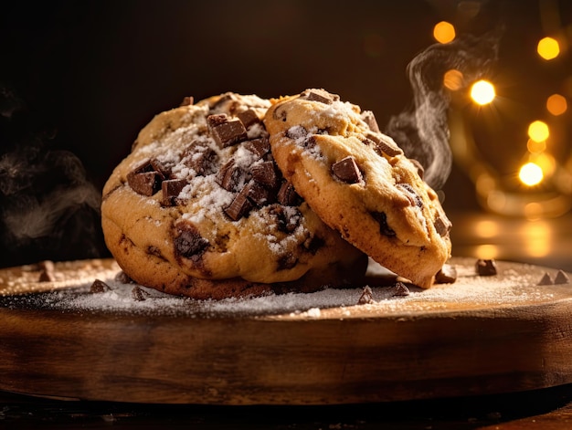 Chocolate cookies on on rustic wooden table